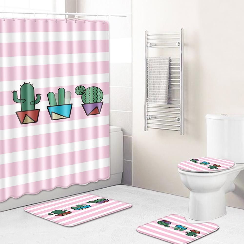 Gestreifte Quadratische Badezimmer Duschvorhang Bodenmatte WC-Deckel Fußmatte Vierteiliges Set