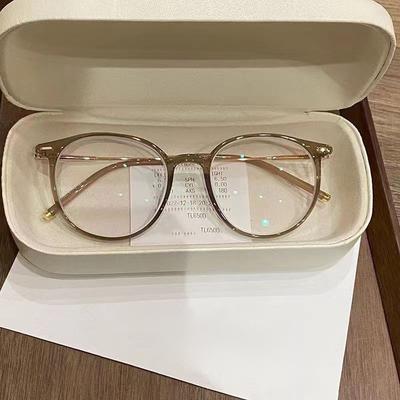 Transparent Tea Gold Myopia Glasses For Women Can Be Matched With Degrees, Square And Round Face, Plain Artifact, Flat Mirror Holder, Big Face And
