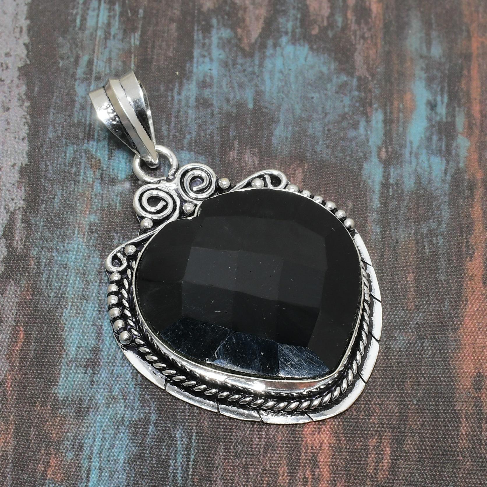Pendentif Vintage Spinelle Noire Ovale En Argent 925 - Pierre Précieuse, 2.30", Cadeau