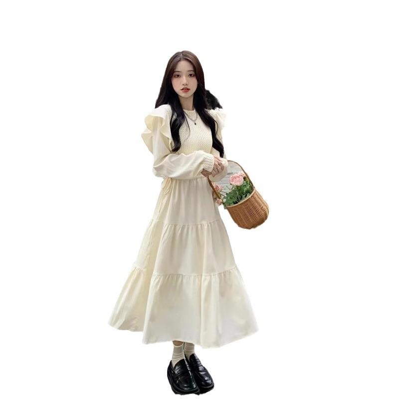 Autumn New French Fairy Temperament Ruffle Leaf Edge Dress Gentle Wind Milk Sweet Waist Princess Long Dress Tide