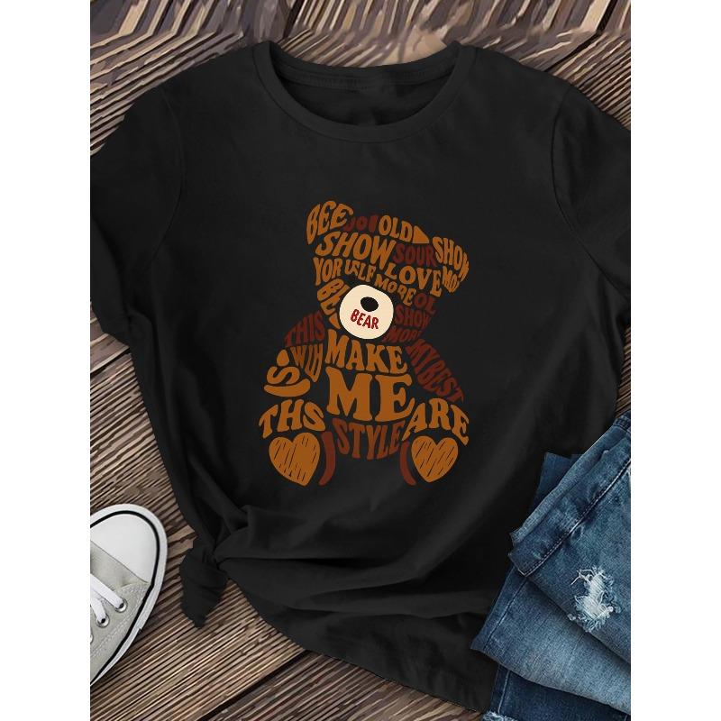 European Size Women's & ' Little Bear Alphabet A-T-Shirts - Soft Breathable Short Sleeve Round Neck with Cute Bear  Summer Outfits New 2026 Styles