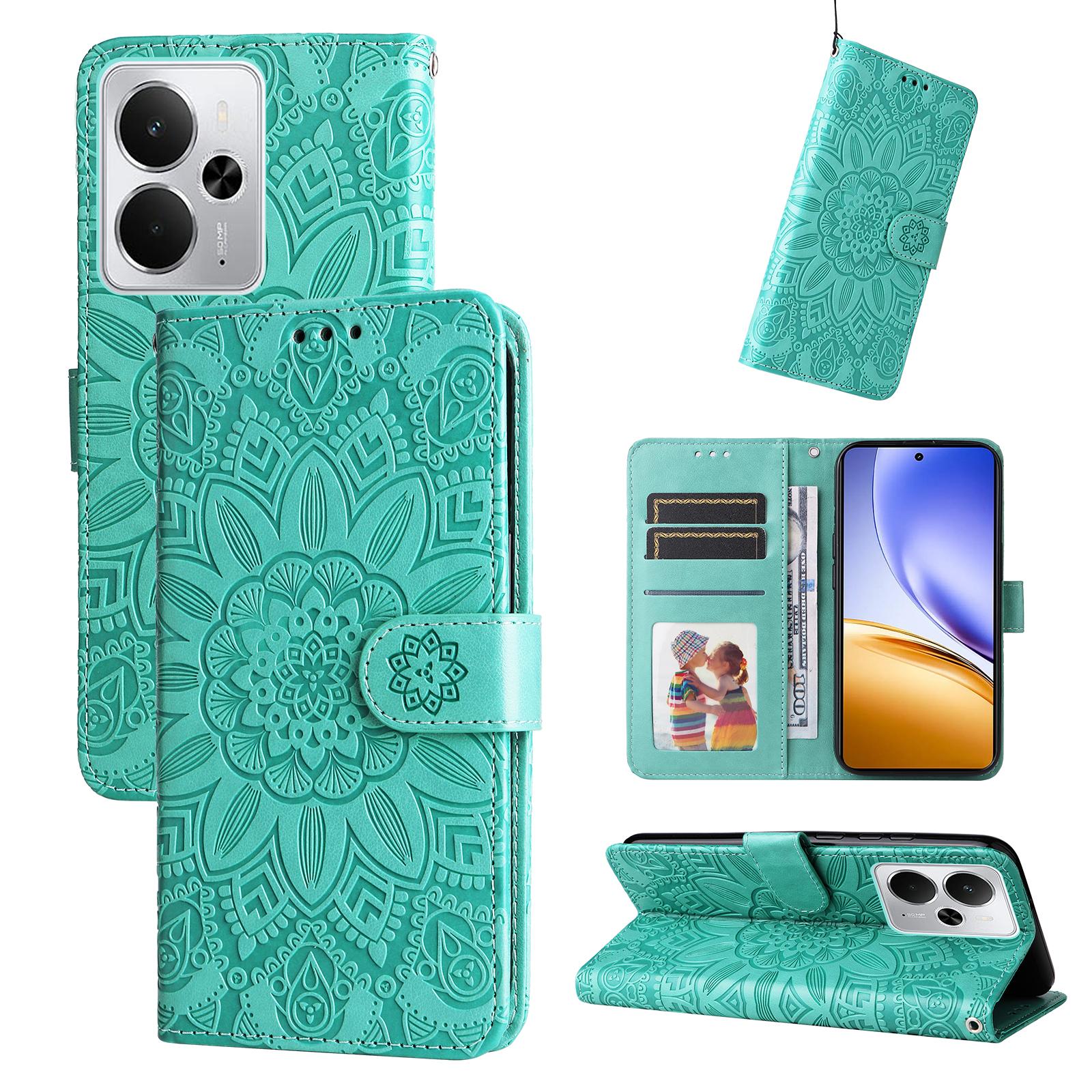 

For Realme 14 5G Case Sunflower Imprint Leather Wallet Phone Cover Green