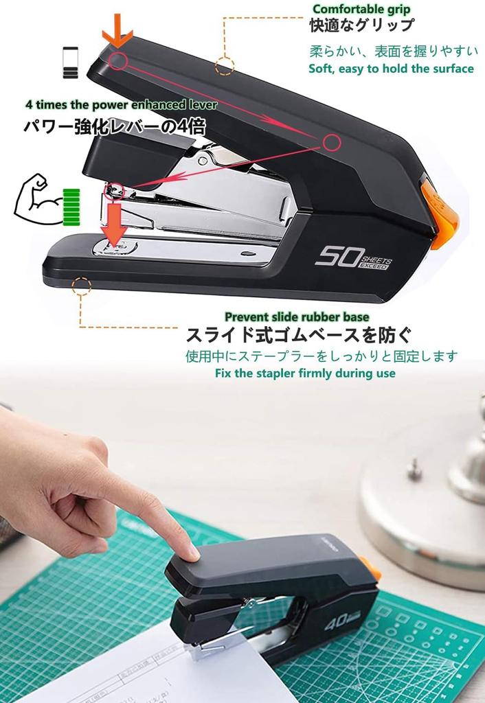 80% Effort-Saving Stapler, 3-Year Manufacturer's Warranty, 50-Sheet Capacity, Light-Effective Lever, Non-Slip TPR Top, Includes 1500 Staples and Stapl
