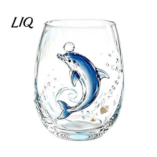 Personalized Daily Use Glassware Stemless Wine Glasses with Marine Animal Pattern, 420ml Capacity, High Borosilicate Clear Glass Cups for Party