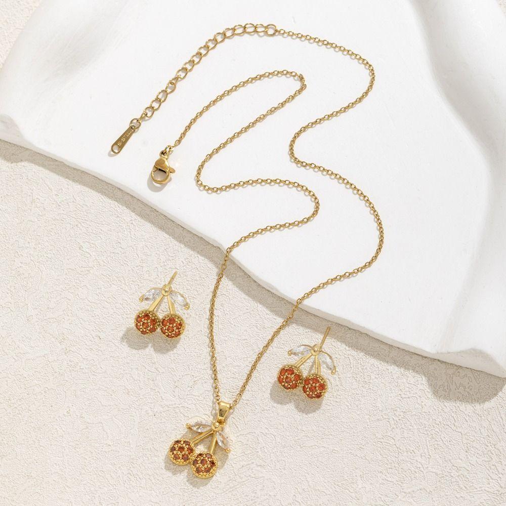 Exquisite Necklace Earring Set Crystal Cherry Necklace Set Rhinestone Cherry Jewelry Suit  Party