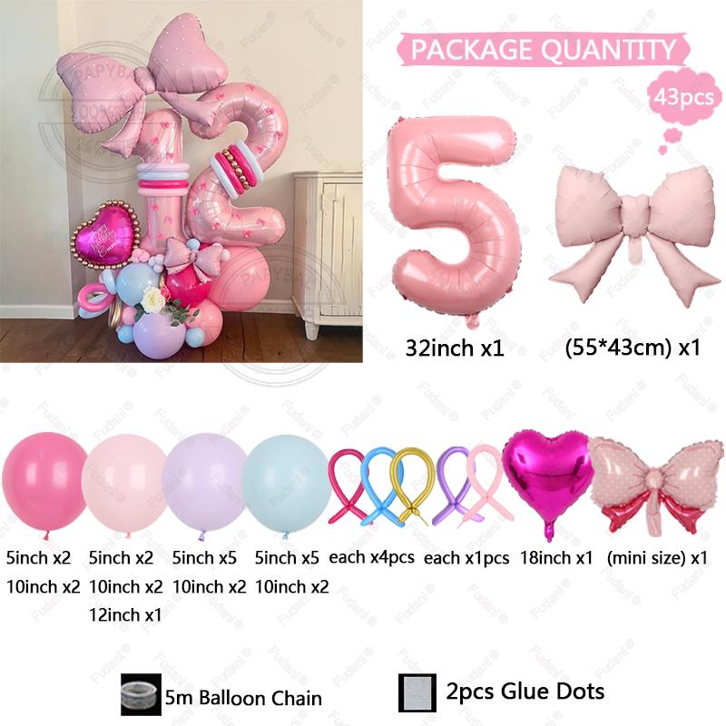 43PCS Pink Bow Theme Bouquet Balloon Set with 32inch Pink Number Girl First Birthday Party Decoration Baby Shower Helium Globos