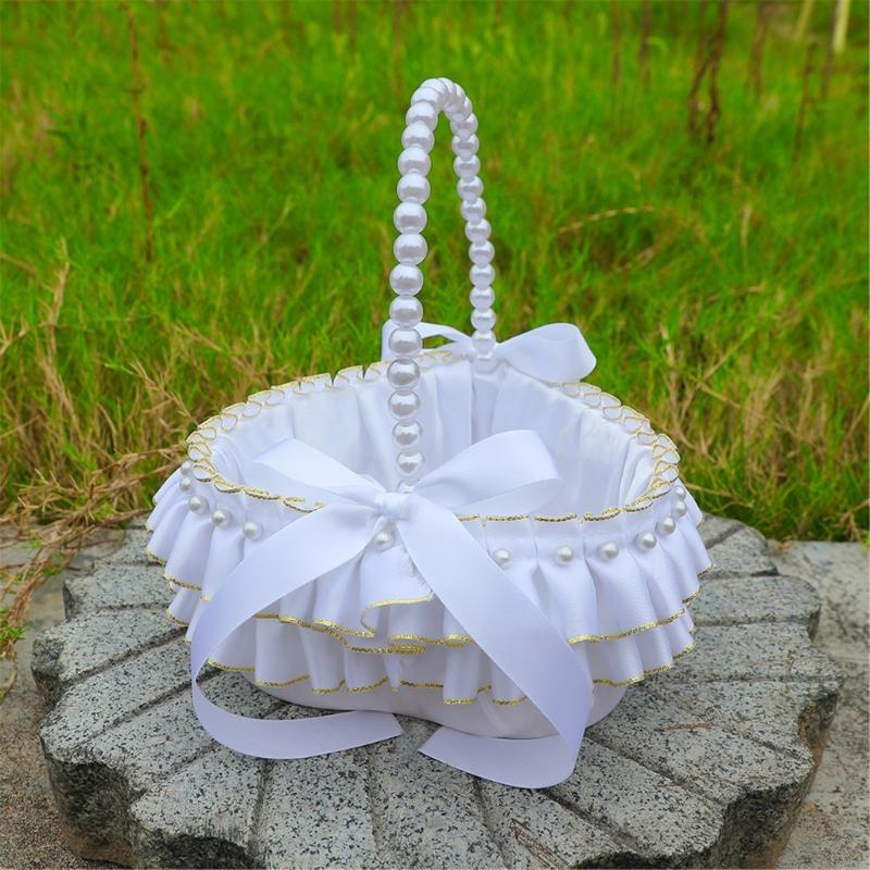 Decorative Pearls Embellished Storage Basket With Golden Edges for Wedding Reception Party Decorations