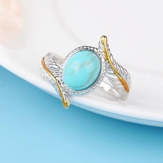 Vintage Two Tone Twist Leaf Faux Turquoise Ring Women Wedding Engagement Jewelry