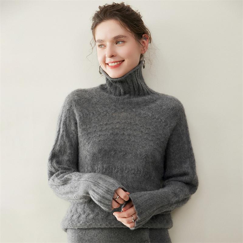 Autumn Winter Retro Cable Knit High Neck Cashmere Women's Sweater - Loose Fit, Solid Color Pullover