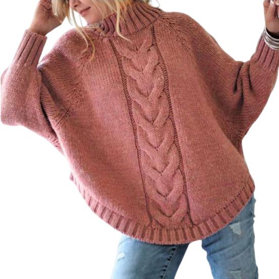 Women Sweater Tops Half High Collar Batwing Long Sleeve Solid Color Knitted Sweater Twist Texture Loose Fit Casual Knitting Tops