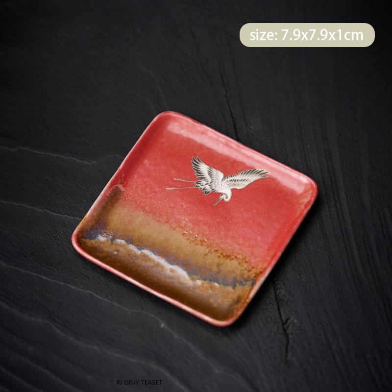 1 Pc Chinese Red Ceramic Tea Cup Coaster Handmade Flying Crane Teacup Mat Household Tea Bowl Master Cup Tea Set Accessories