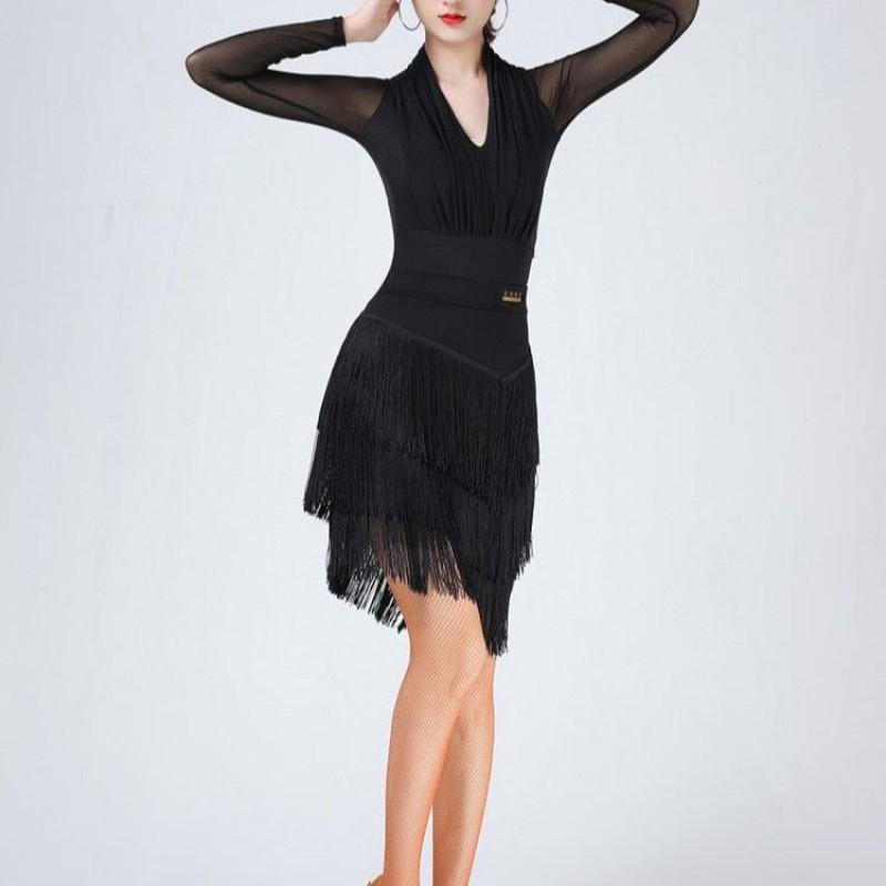 Womens Latin Dance Skirt With Fringe Layers Sequin Mesh Performance Wear Stage Ballroom Dancing