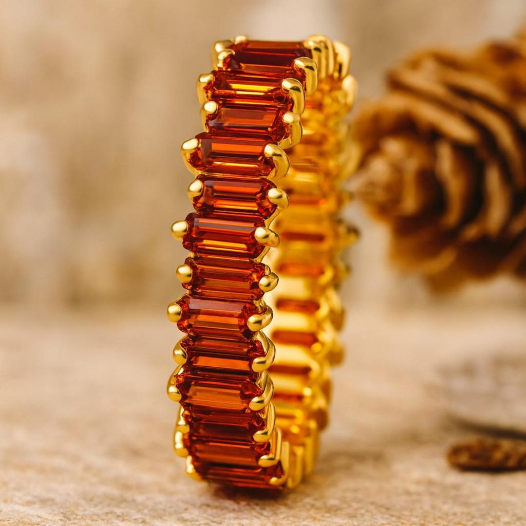 Yellow Gold Plated 925 Sterling Silver Garnet Eternity Band – Baguette Cut Red Stone Wide Statement Ring, Wedding & Anniversary Jewelry for Women