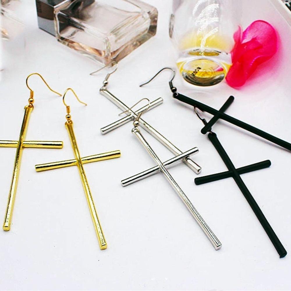 Gothic Minimalist Black Silver Color Large Cross Pendant Dangle Earrings for Women Halloween Party Punk Jewelry Accessories Gift