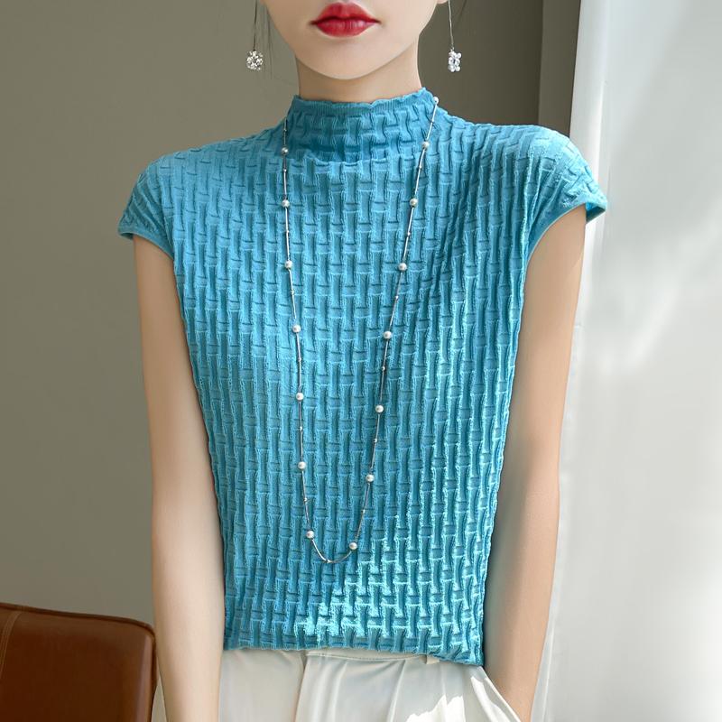 Women T-shirt Tank Summer Knitted T-shirt Short Sleeve Tees Basic Tees Knit Top Pullover Turtleneck Female