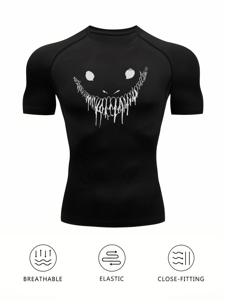 Mens Black Compression Short Sleeve T-Shirt Dripping Smile Face Graphic Quick Dry Breathable High Elasticity Gym And MMA Athletic Top