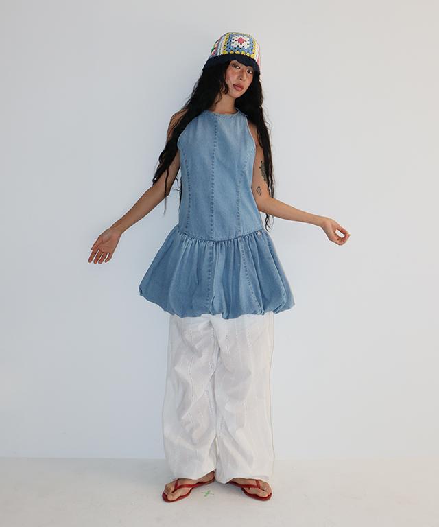 Ronron Pumpkin Sleeveless Denim Dress Light Blue