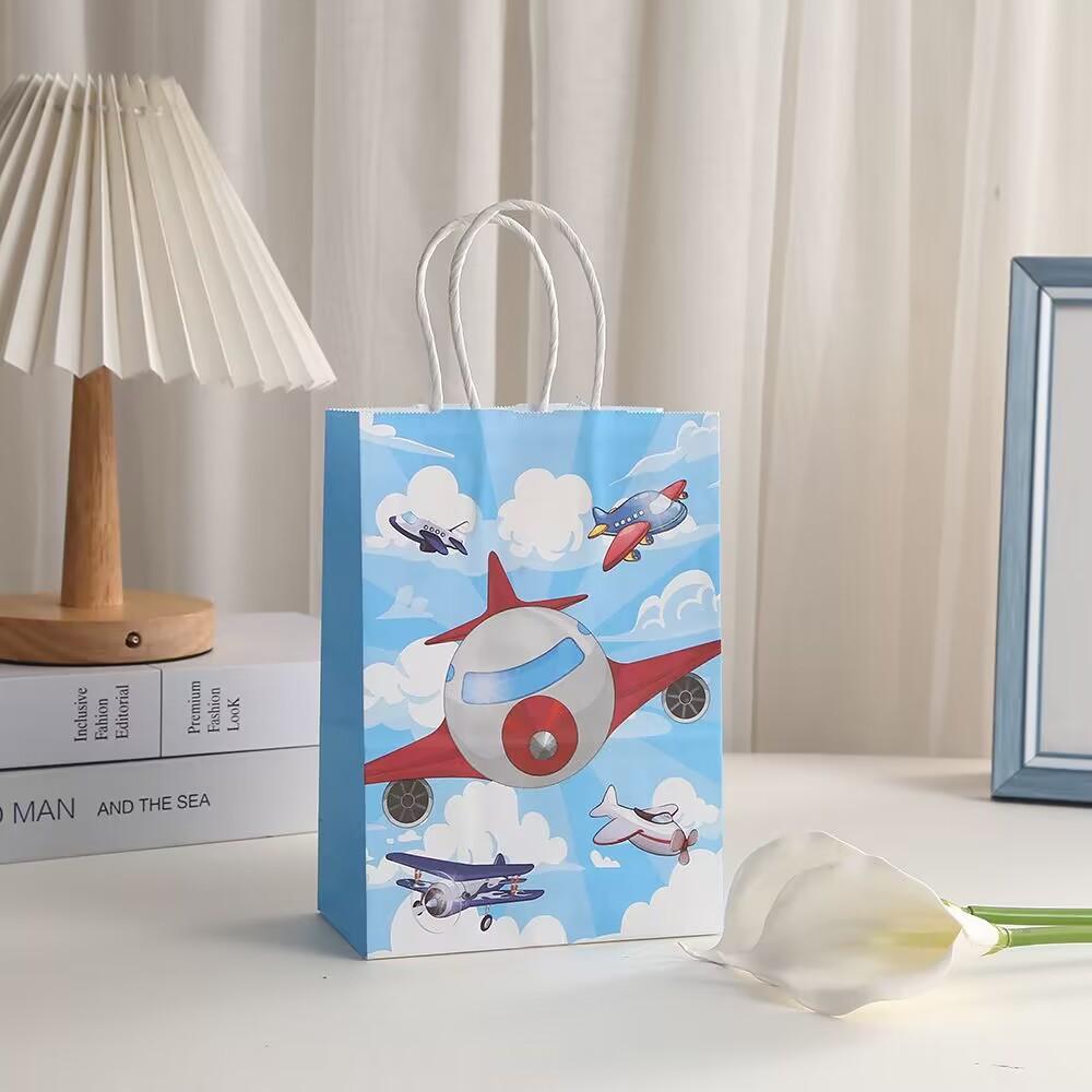 12/30pcs Airplane Party Favor Gift Bags Kraft Paper Tote Bags for Kids Birthday Gift Packaging Shopping Bags