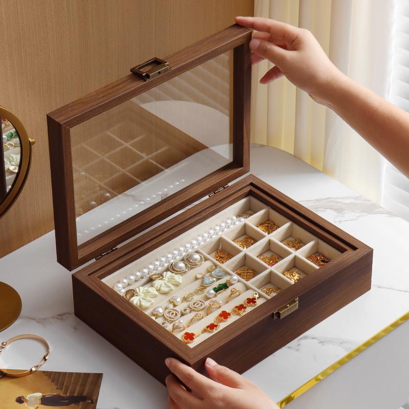 Retro Walnut Jewelry Display Box with Clear Lid Dustproof Storage Necklaces Earrings Bracelets Ring Wooden Jewelry Organizer Box