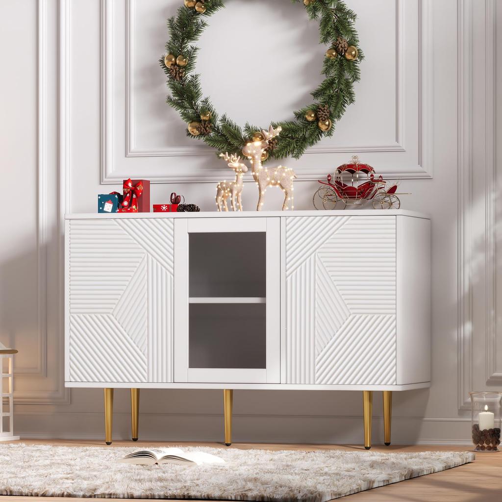 Sideboard mit 3 Türen, Kommode mit Glastür und Metalfüßen Buffetschrank für Esszimmer Wohnzimmer oder Flur, 120x38 x79.5 cm, Weiß