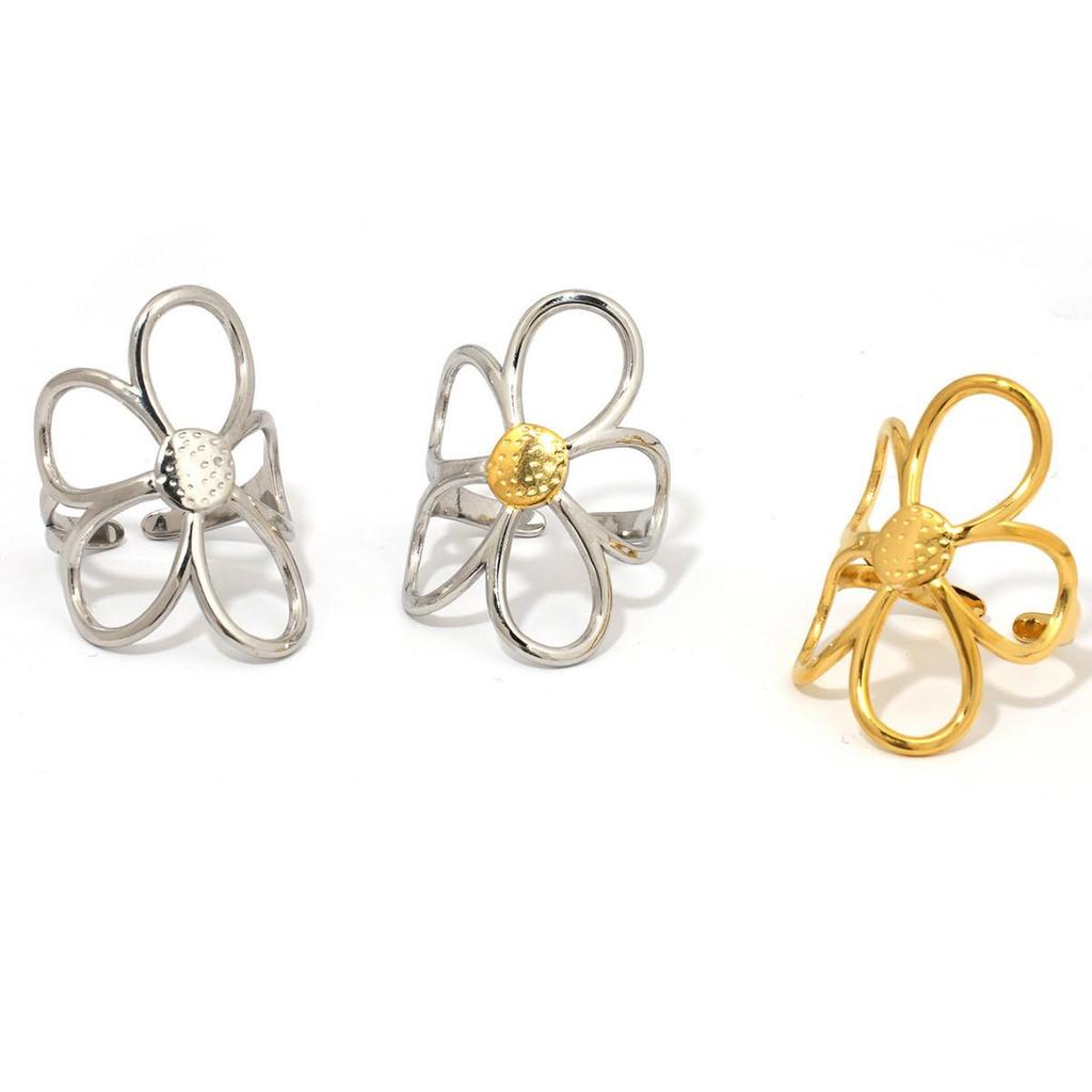 High-End Stainless Steel Mixed Gold & Silver Hollow Flower Ring for Women