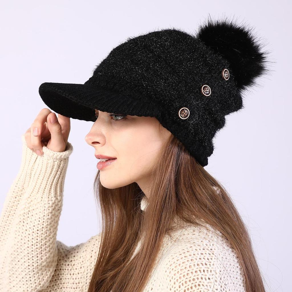 Autumn Winter Women Button Plush Thickened Warm Duck Tongue Big Wool Ball Knitted Wool Hat
