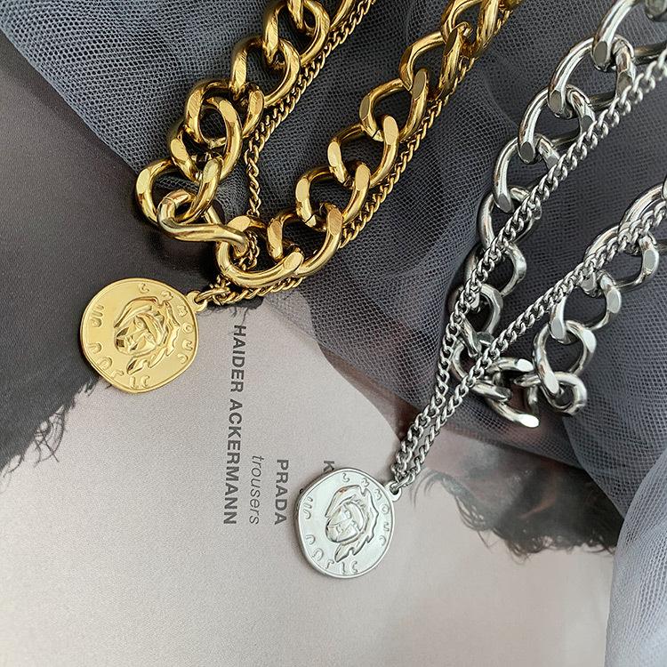 Retro Portrait Exaggerated Double-layer Personality Short Collarbone Thick Chain Necklace