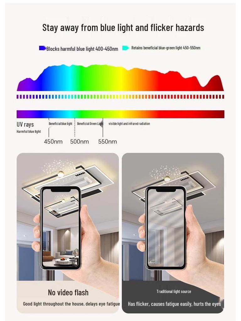 Smart Voice-Controlled Leafless Ceiling Fan Light for Living Room/Bedroom, Tricolor, Stepless Dimming, 110V.