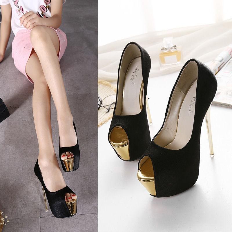 Große Größe 34-45 Super High Heels 16CM Hochzeitsschuhe Damen Schwarz Flock Mode Gold Plateau Peep Toe Damen Party Abschlussball Pumps 16cm