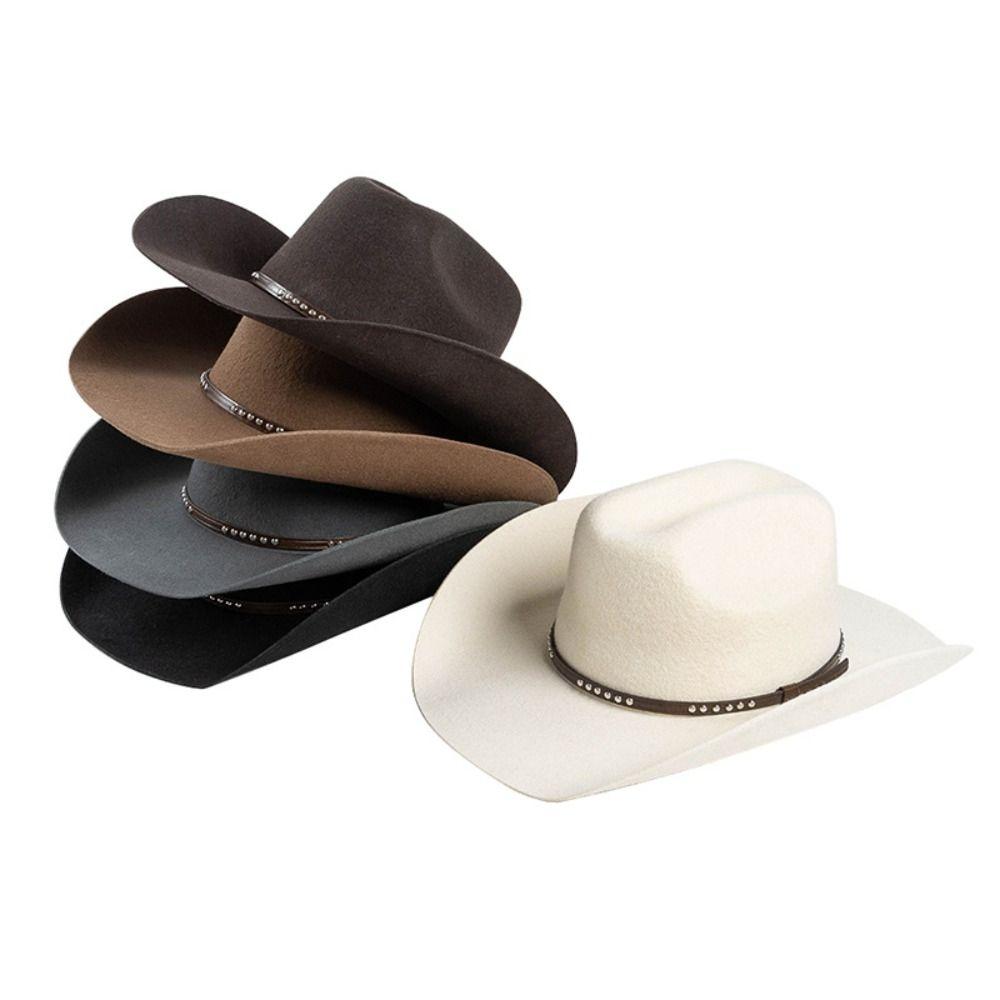 Zealous Sole Women's Light Coffee 100% Wool Wool Cowboy Hat Wide Brim Studded Leather Band Wide Brim Fedora Hat Curling Brim Decorative Buckle Western Cowboy Hat 59Cm