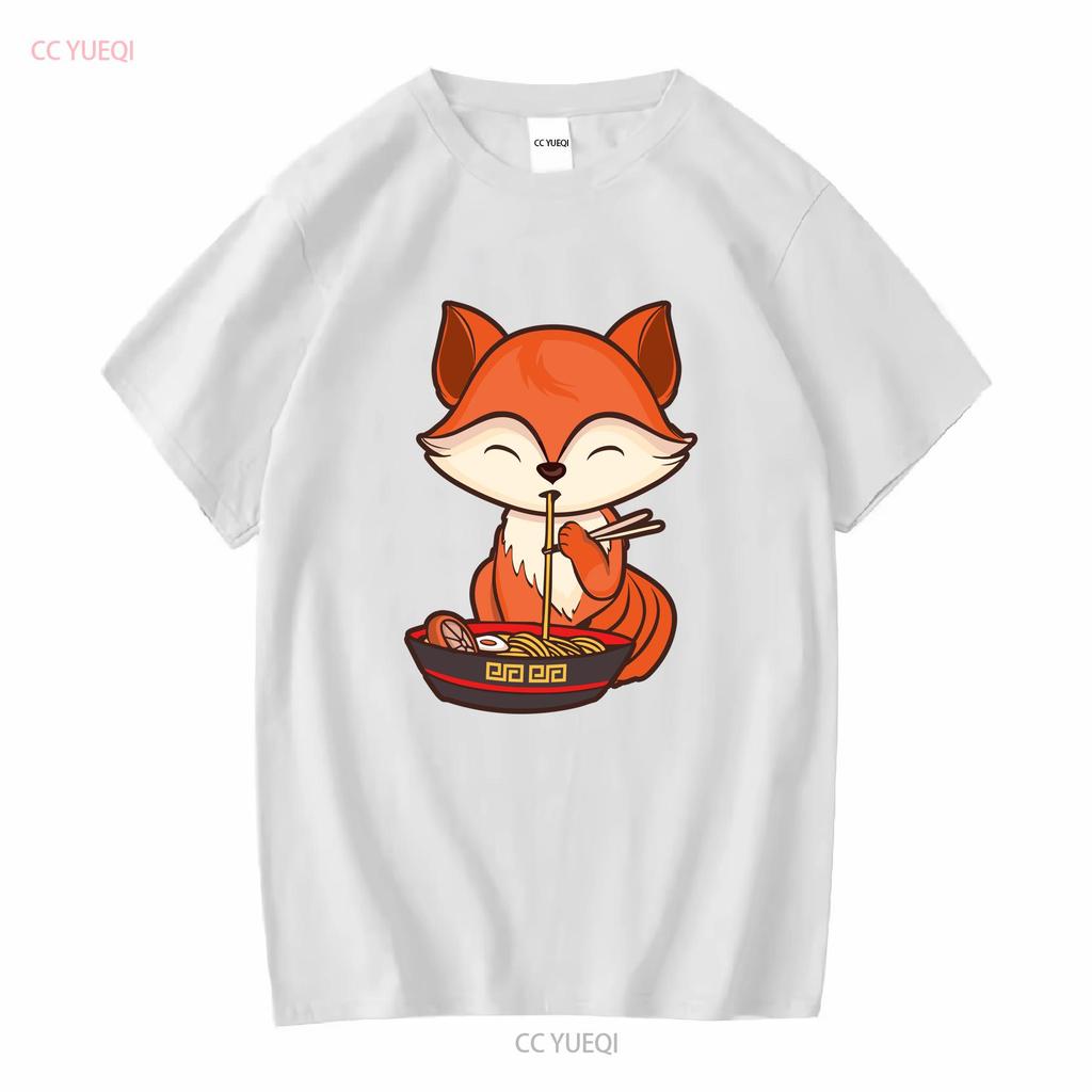 Fox Eating Ramen Kawaii T Shirt Japanese Cute Lovely Long or Short Sleeves Vintage Washed Unisex Casual Slightly Versatile