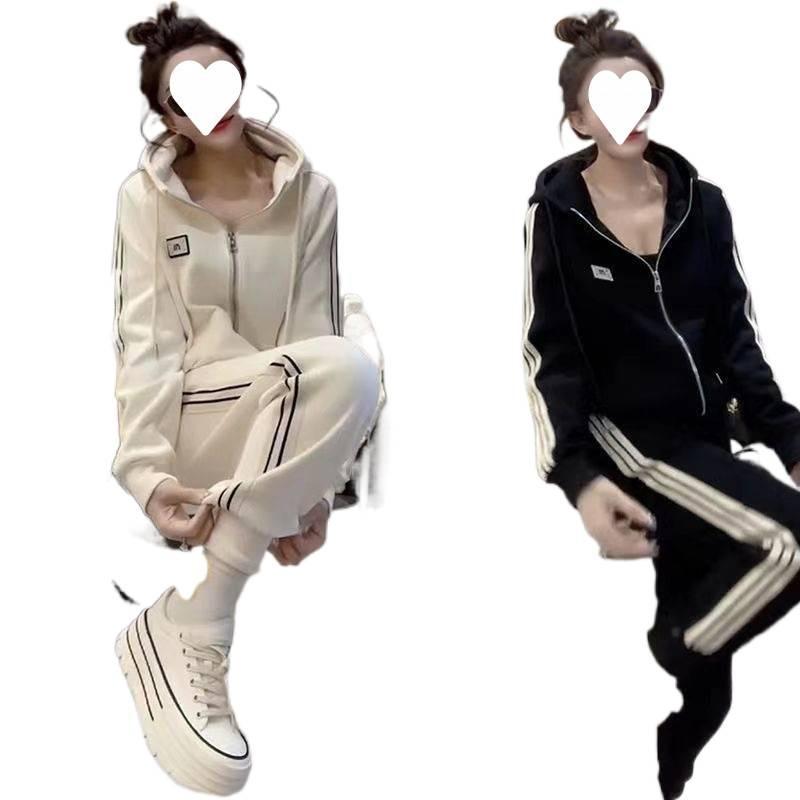 European Autumn and Winter Women's Casual Sports Suit Fashionable Cardigan Hooded Leggings Two-piece Set Plus Velvet and Thickening