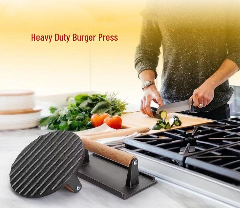 Wooden Handle Cast Iron Meat Press for Steaks and Hamburgers