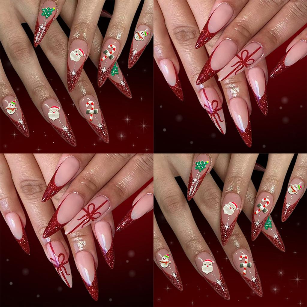Elegant French Tip Glitters Press On Nail 48PCS Set Long Coffin Shape Snowman Christmas Theme Artificial Nail For Gift