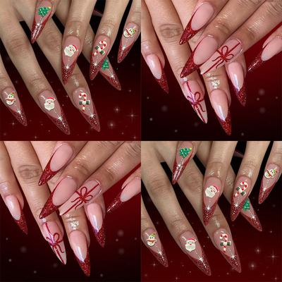 Elegante French Tip Glitzer Press-On Nägel 48 Stück Set Lange Sargform Schneemann Weihnachten Thema Künstliche Nägel Für Geschenk