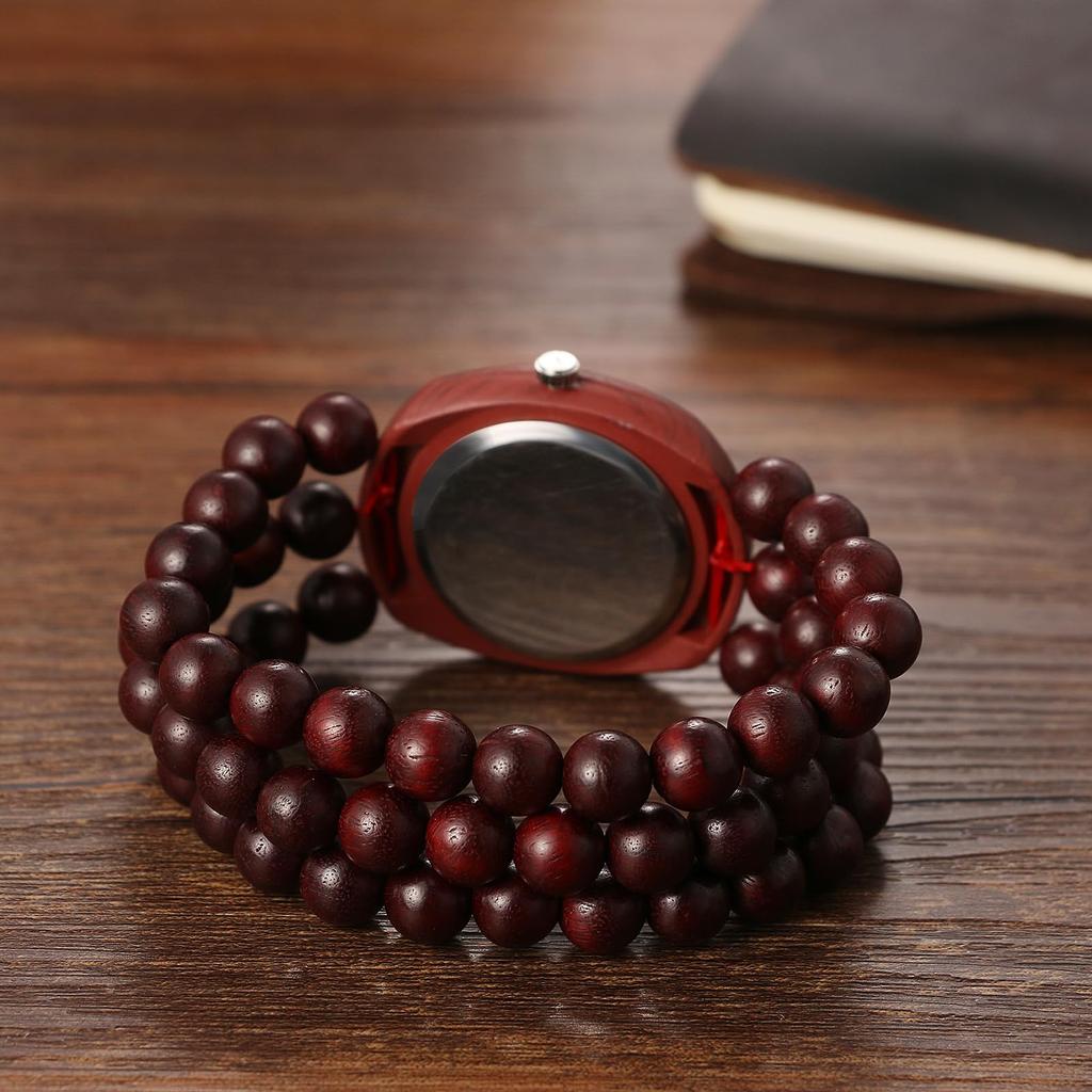 Bohemian Houten Kralen Band Dameshorloge: Analoge Weergave, Kwarts Uurwerk, Bloemenwijzerplaat, Elastische Band, Handgemaakte Stijl, Tonneau Vorm, Natuurlijk