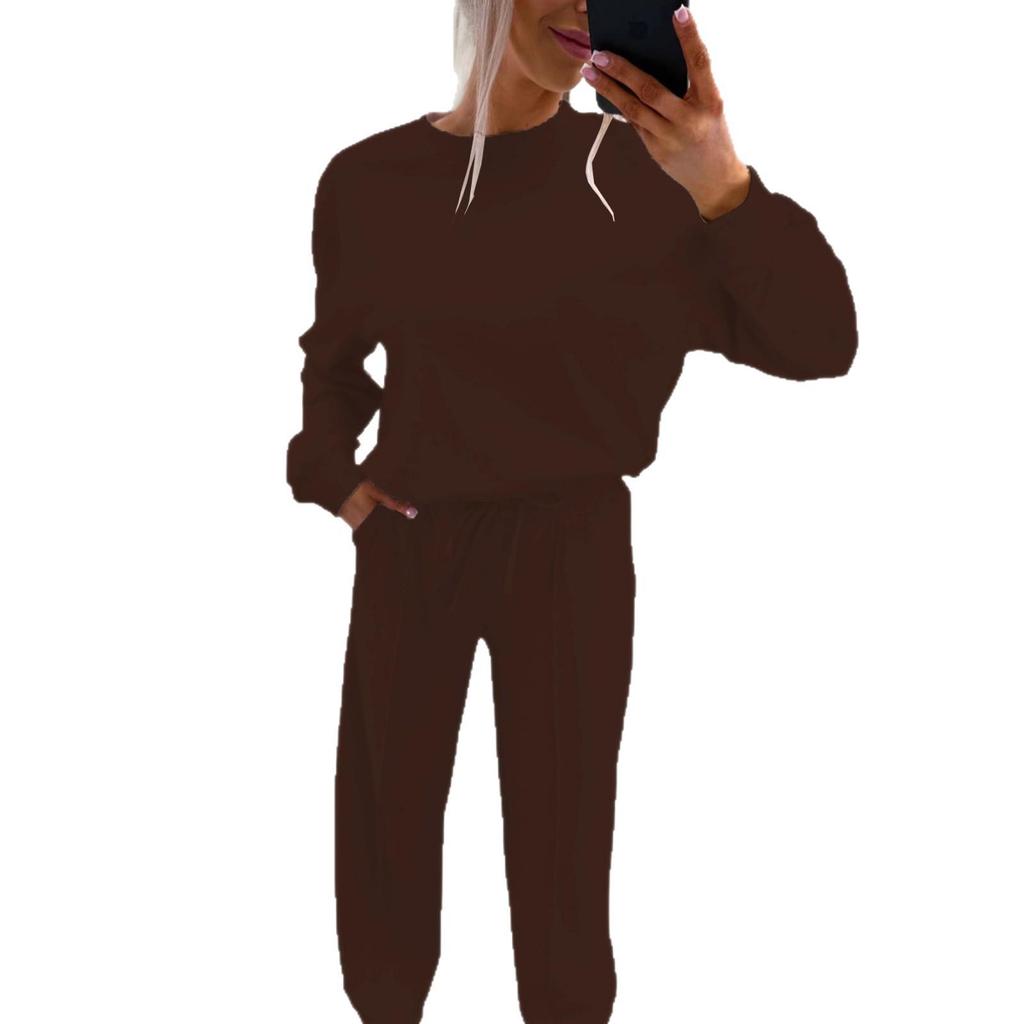 2026 Autumn/Winter European & American Style Casual Two-Piece Set: Drop Shoulder Long Sleeve Top & Ruched Long Pants