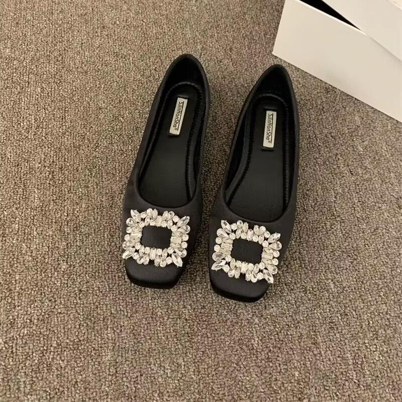 Woman Flats Square Toed Rhinestone 2026 Autumn Shallow Mouth Dress Fashion Flat Shoes Comfortable Silk Outdoor Casual Shoes