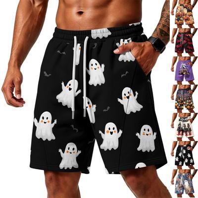 Men's Loose Fit Air Layer Shorts Halloween Patterned Shorts with Pockets Elastic Waistband Drawstring Casual Beach Shorts