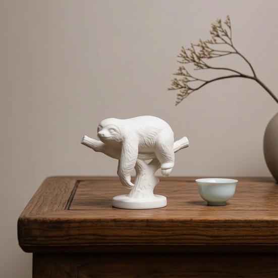 3D Printed Mini Sloth Figurines, Pure White Cute Sloth Lying on Branch with Delicate Hair Texture, Small Desktop Decoration for Home Office