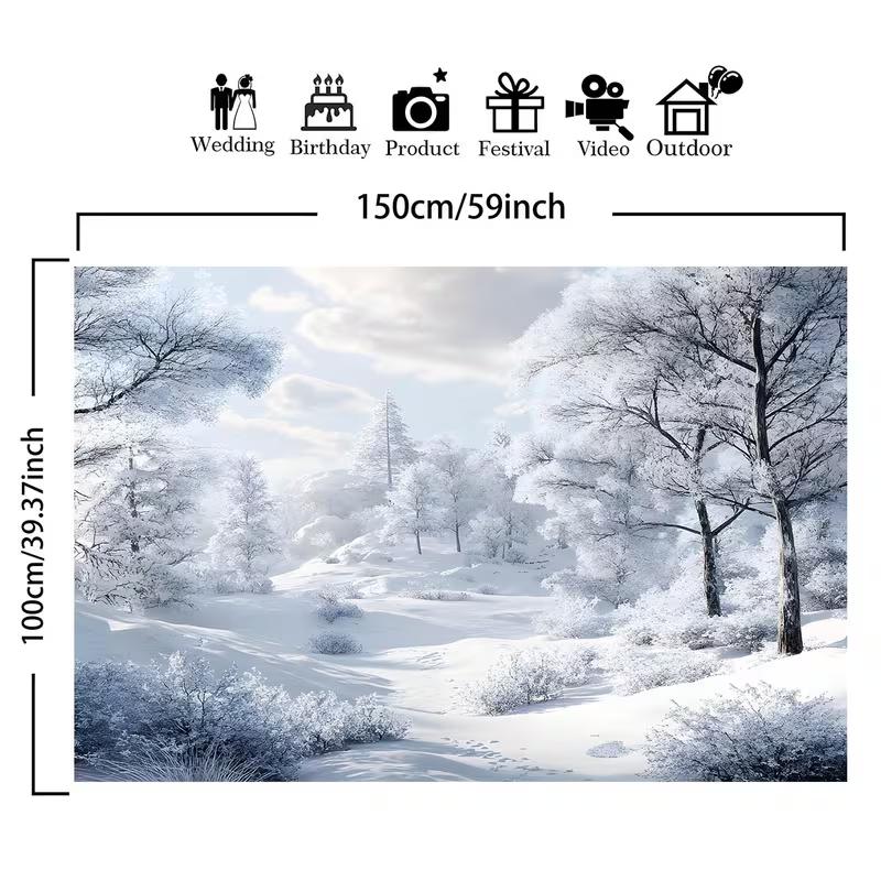 2D Christmas Winter Tapestry, Frosty Snow Forest Background Cloth