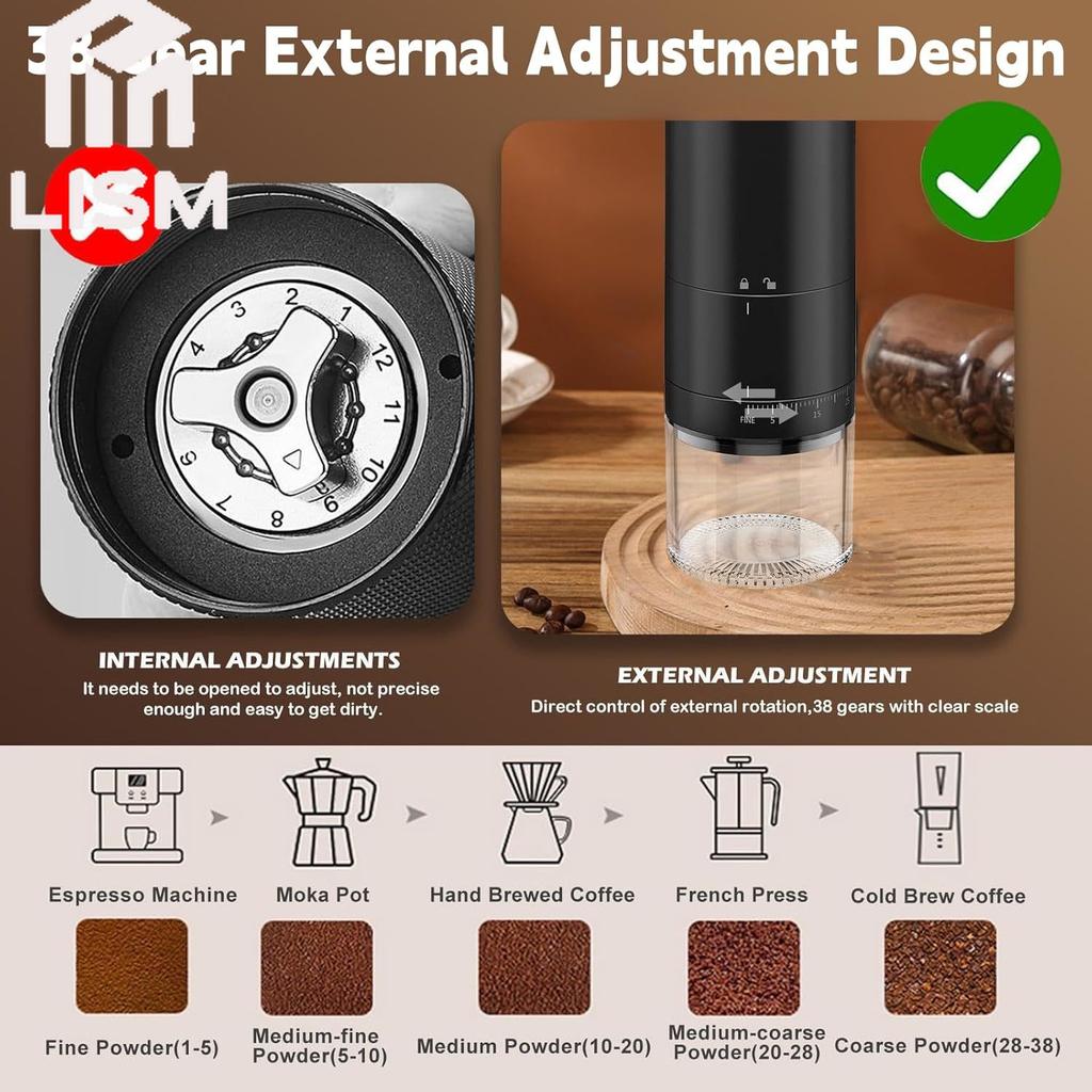 Portable Electric Coffee Grinder Rechargeable Office 38 Adjustable Grinding Settings LED Battery Indicator Shows Battery Power
