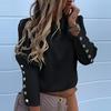 Fashion Office Lady Metal Button Back Long Sleeve Puff Shoulder Blouse Shirt Top