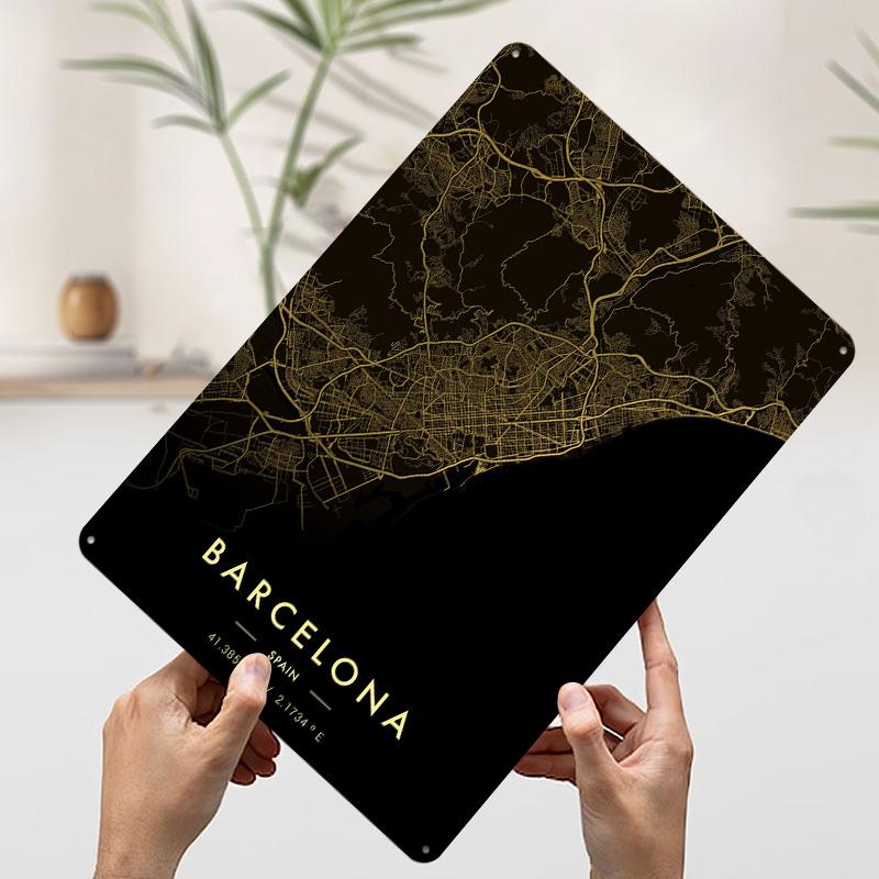 Barcelona City Map Gold Poster Customized Wall Art Vintage Metal Signs Retro Tin Plaque for Man Cave Decoration Home Decorations
