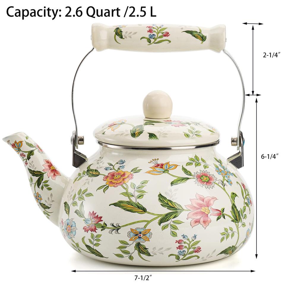 2.5 Quart Vintage Enamel Tea Kettle Green Floral Enamel on Steel Teapot with Handle for Stovetop Home Afternoon Tea Set Kettle