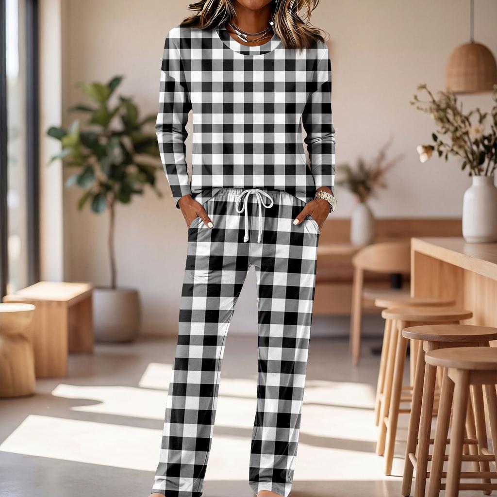 Set Pigiama da Donna a Manica Lunga con Scollo Rotondo, Coulisse e Gamba Larga per Casa e Sonno Casual