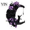 Handmade Artificial Rose Garland Halloween Black Cat Moon Wreath, Gothic Crescent Grapevine Wreath with Party Wall Ornaments Flowers, Spooky