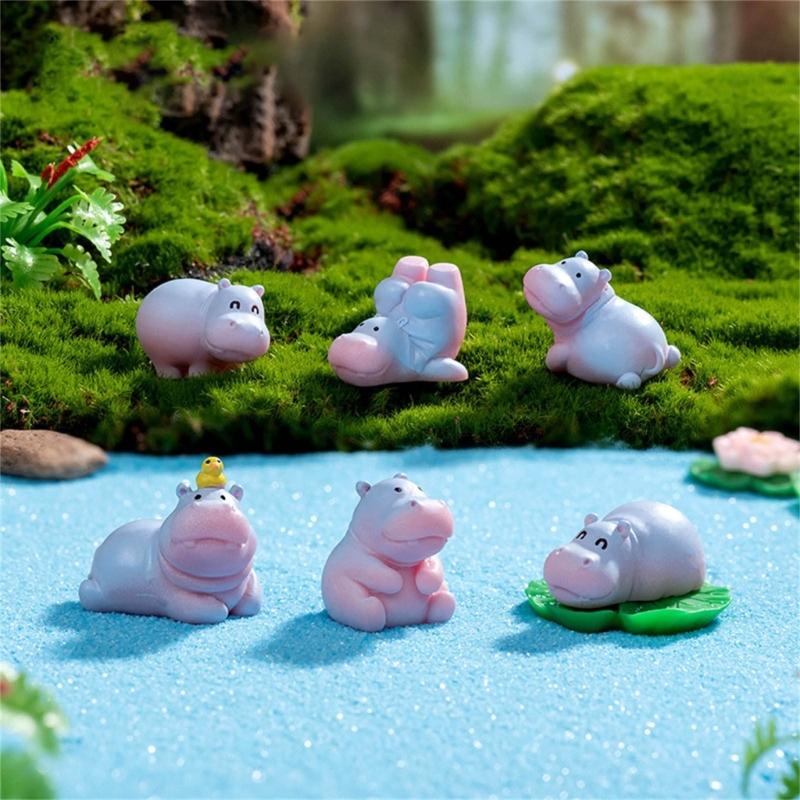 Pack of 6 Cute Hippo Figurines Resins Minaiture Ornaments Decors for Living Room Bedroom Office and Festives Celebration