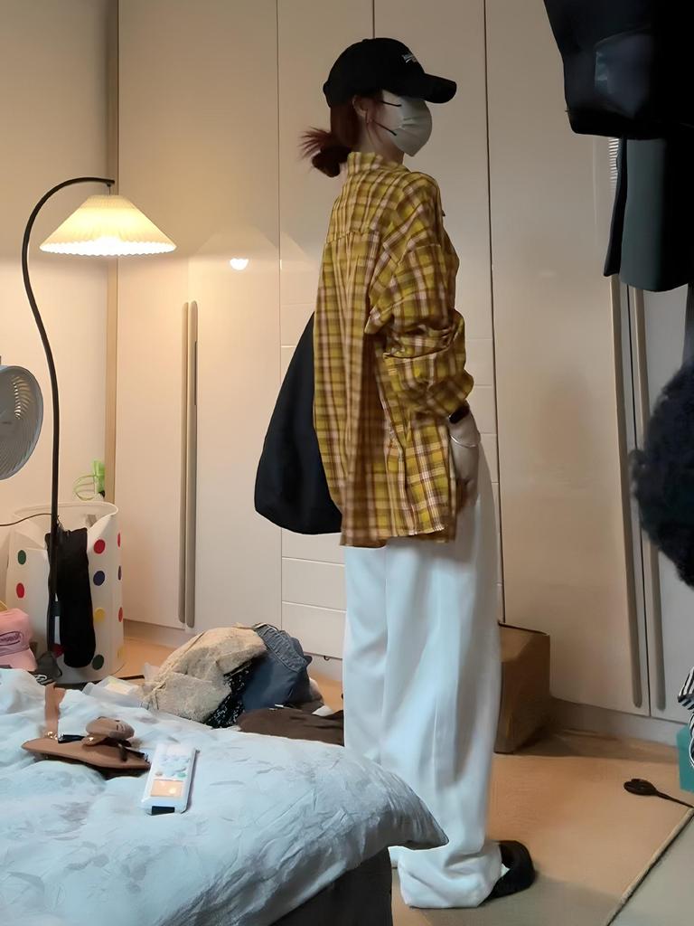 Women's Retro Yellow Striped Plaid Shirt Jacket, Sun Protection, Mid-Length Top for Spring and Autumn