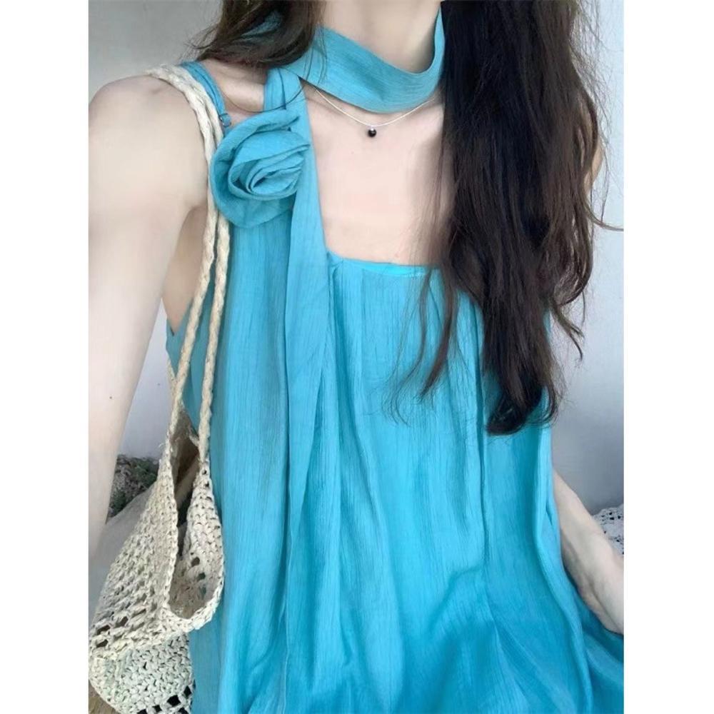 See-blaues Nacken-Schlinge-Kleid Damen Sommer Dopamin Helle Blumen Strandurlaub Strandkleid